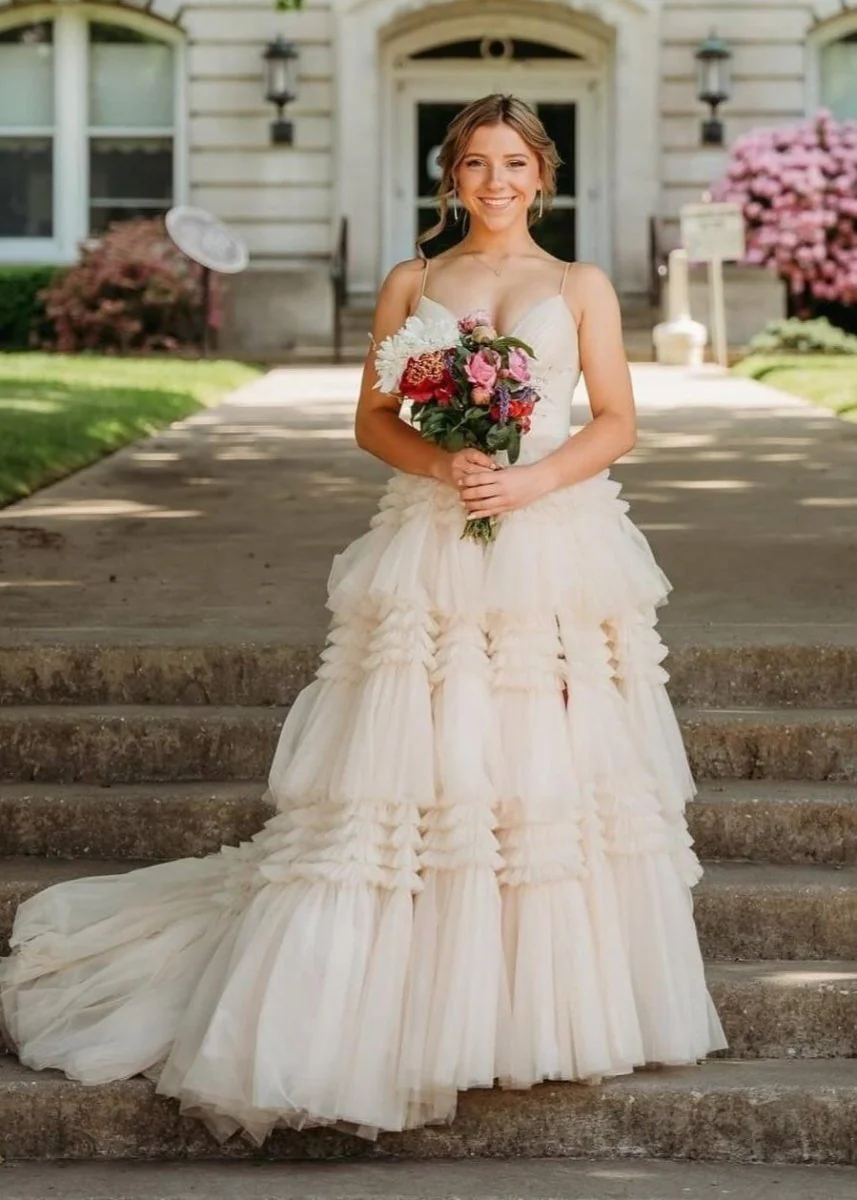 A-Line Spaghetti Straps Long Tiered Tulle Prom Dress With Split