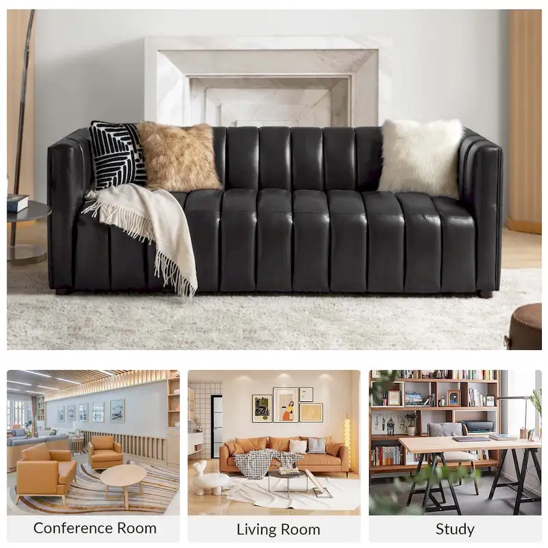 Olinto Modern Camel 83-Inch Genuine Leather Curved Couch with Channel Back by HULALA HOME