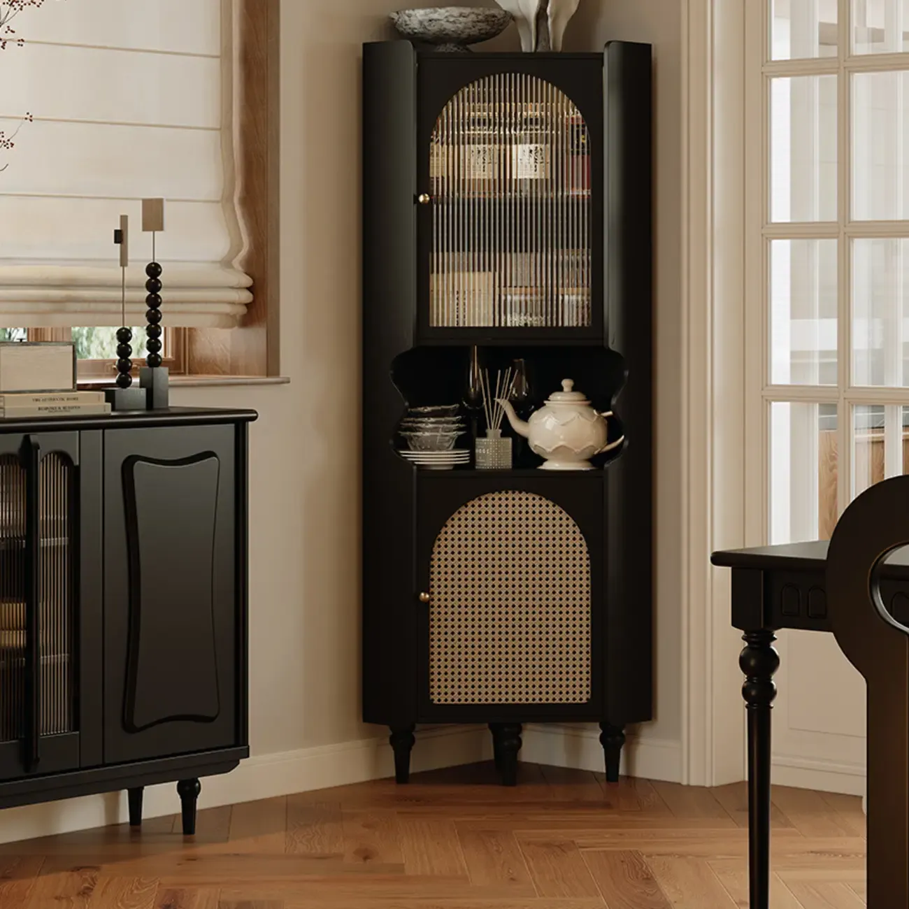 Wooden Black Corner Cabinet for Living Room with Art Deco