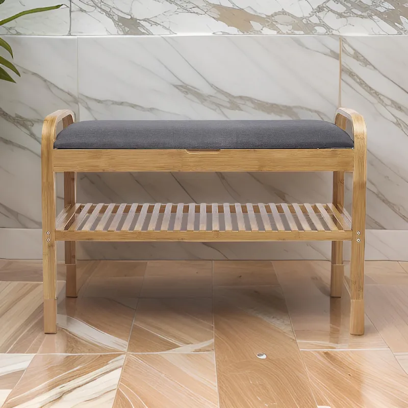 Shoe Storage Bench, Gray Polyester Seat, Walnut Brown Bamboo, 36 Inch