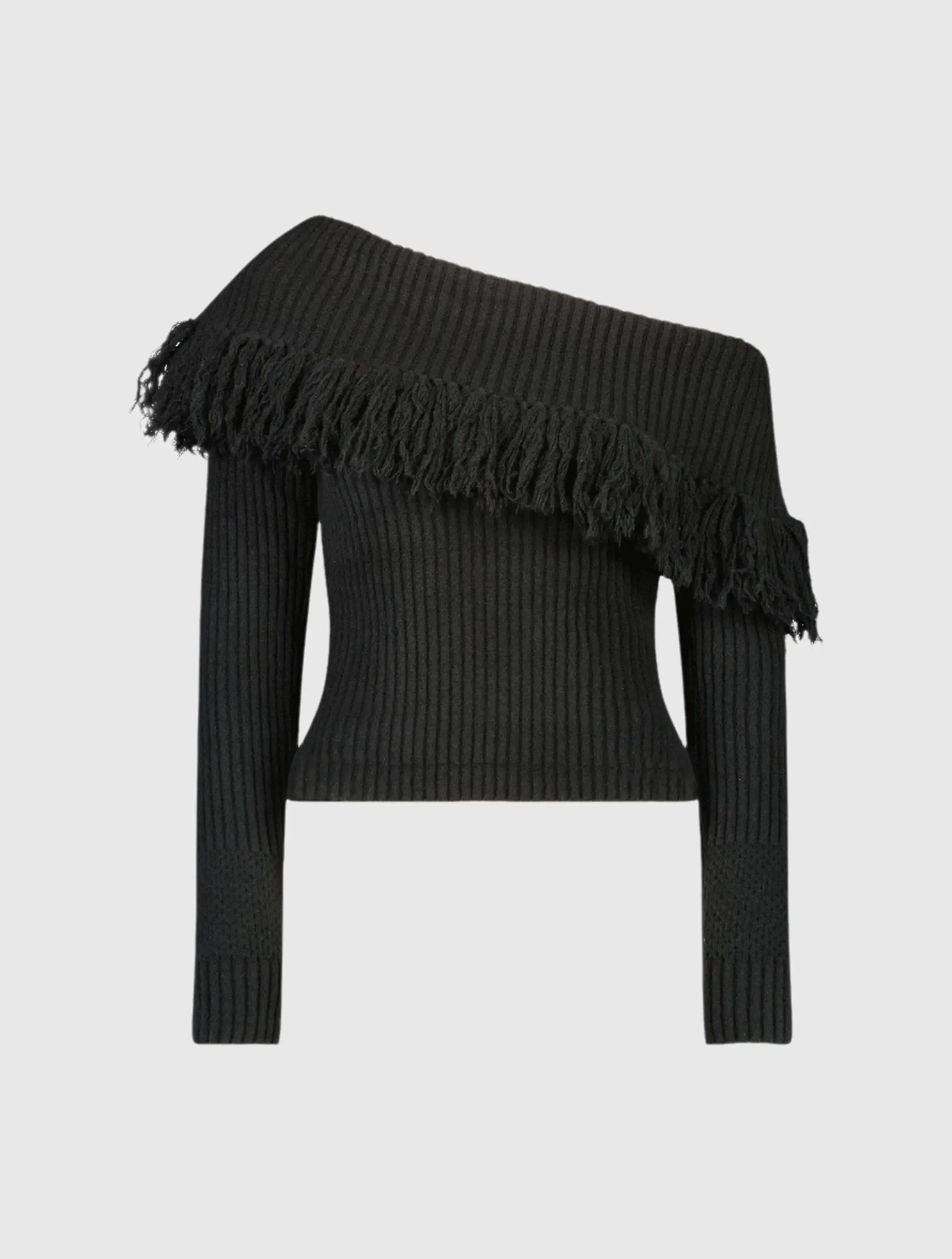 Black Off The Shoulder Fringe Knit Sweater