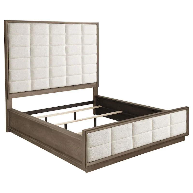 California King Bed, Oak Brown & Ivory, Grid Tufted, 2-Person