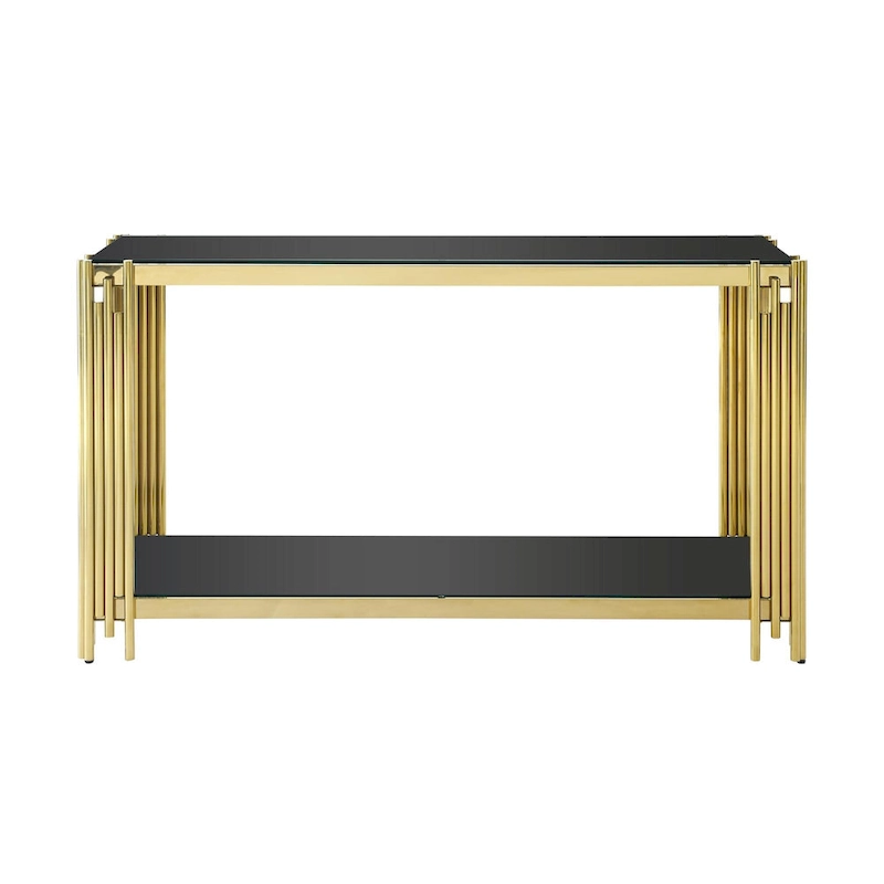 Narrow 2-tier Console Table with Gold Finished Metal Frame and Tempered Glass Top