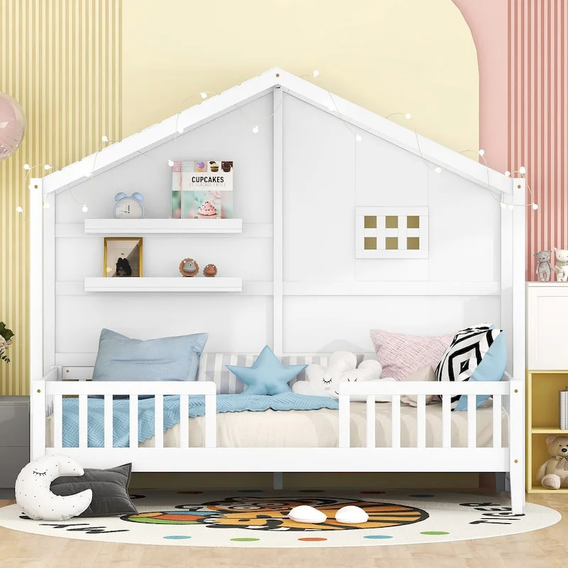 White Twin House Bed with Shelves, Window & LED Strip – 1 Person