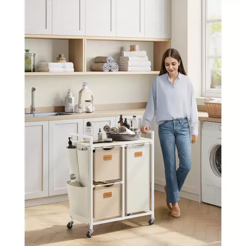 VASAGLE Laundry Hamper with 3 Compartments, 26.4 Gal. (100 L) Laundry Sorter, Rolling Laundry Cart with Shelves, Small Side Pockets