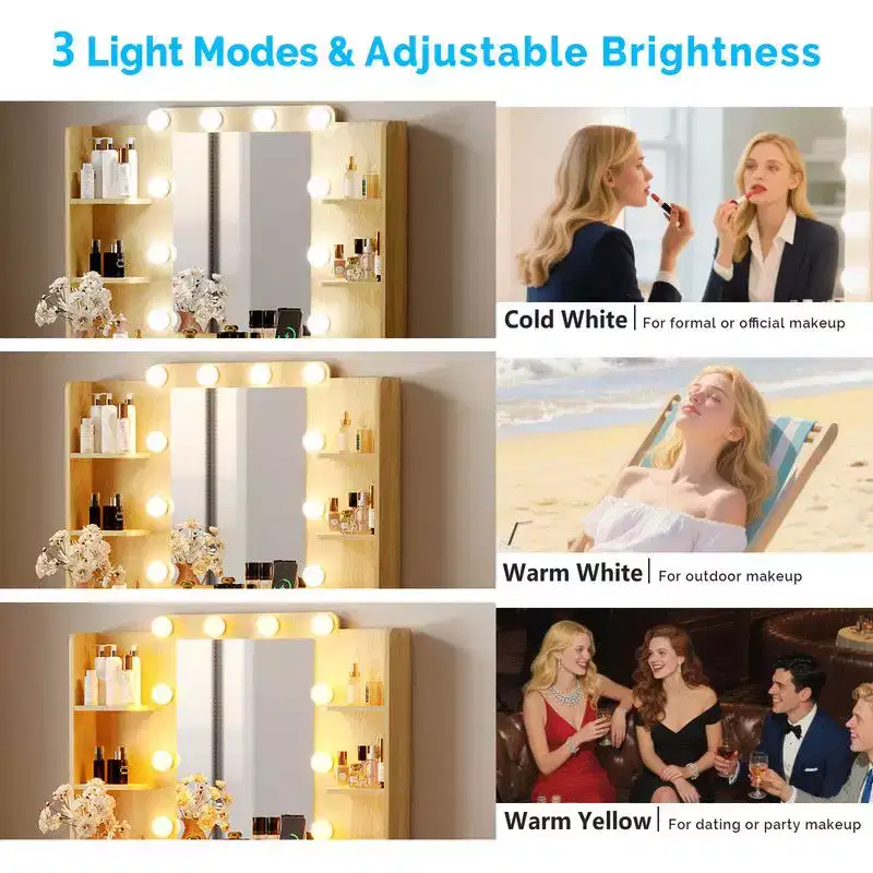 White Particle Board Veneered with Textured Melamine, 2-drawer 4-tier Shelf, comes with 10 Three-color Dimmable Bulbs, Dressing Table Set