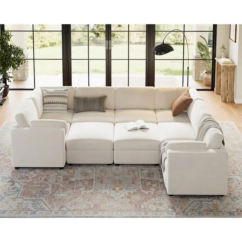 White U-Shaped Modular Sectional Sofa, 9-Seat with Storage Ottomans