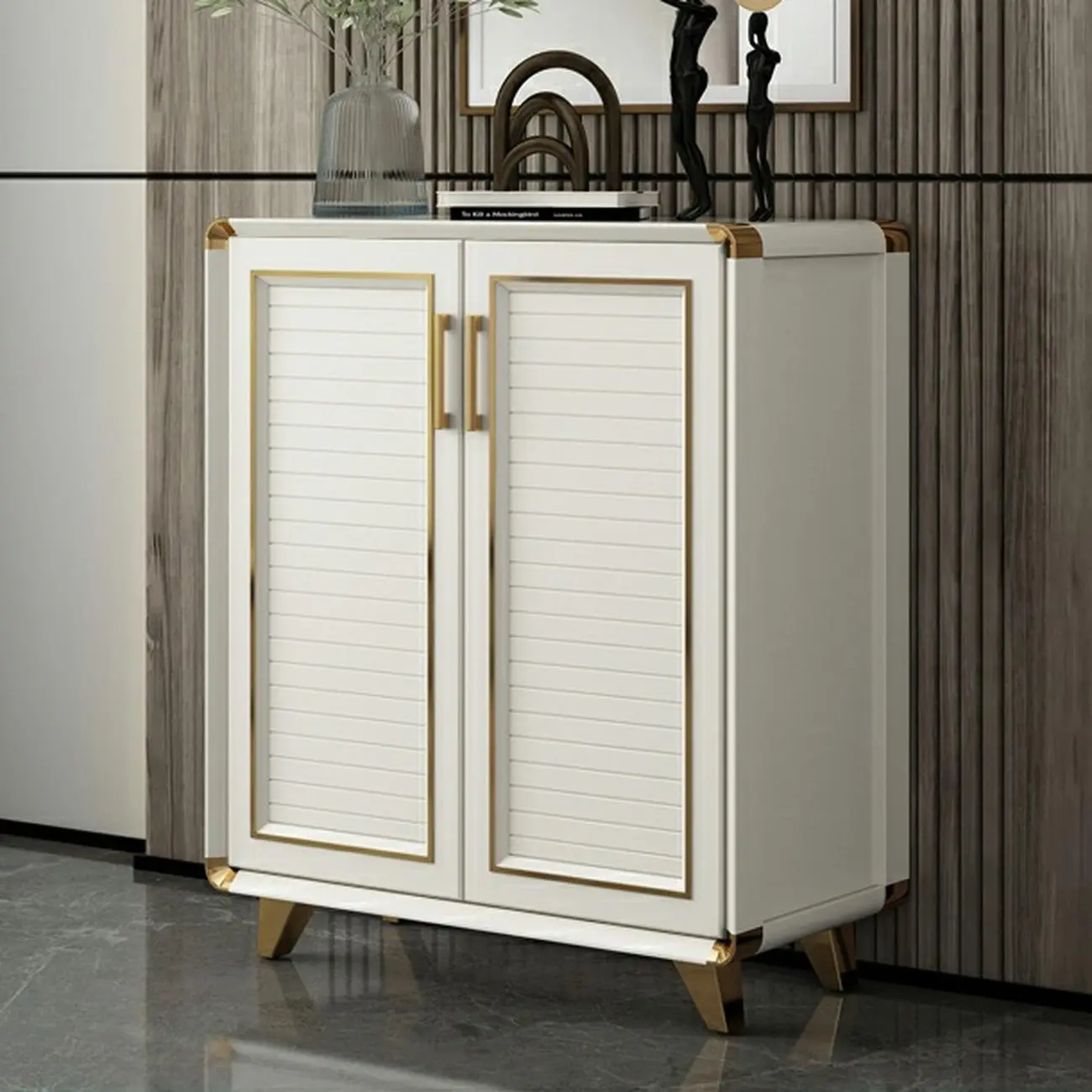 Glam White Metal Shoe Storage Cabinet with Drawer