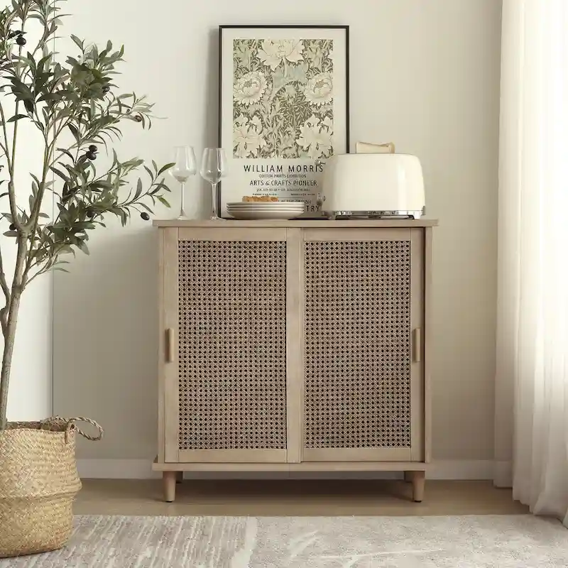 Natural Bamboo / Walnut Woven Rattan Accent Cabinet with Sliding or Standard Doors – Single Unit