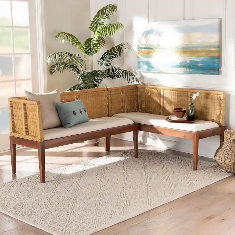 Natural Brown & White Rattan / Acacia Wood 2-Person Dining Nook Banquette Set (Set of 2)
