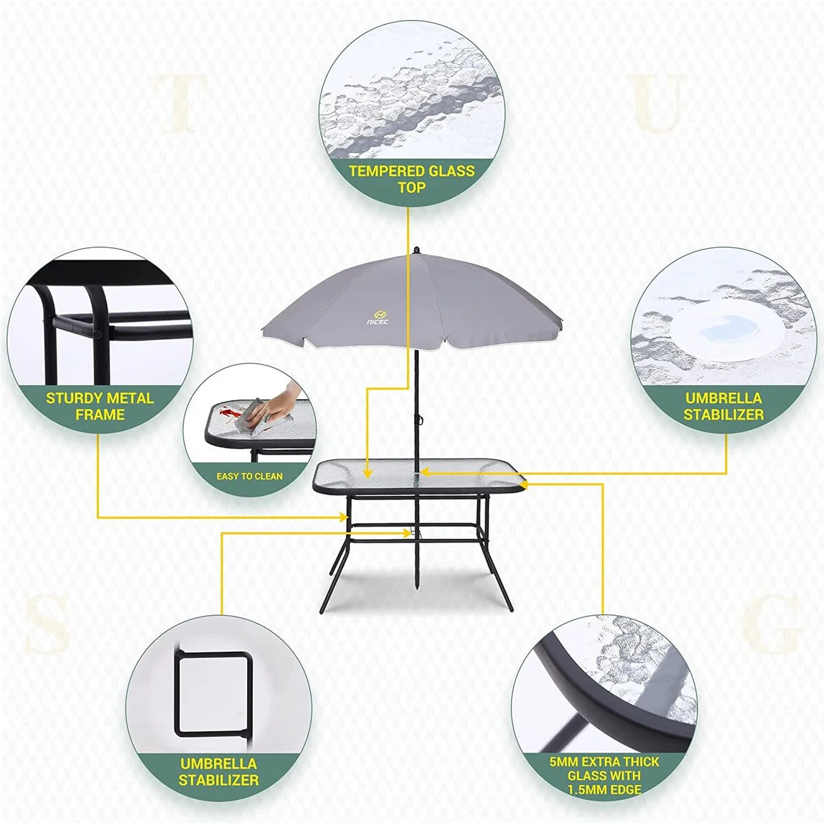 8-Piece Patio Dining Set, Garden Outdoor Table Set with Removable Umbrella, Glass Table, and 6 Folding Chairs
