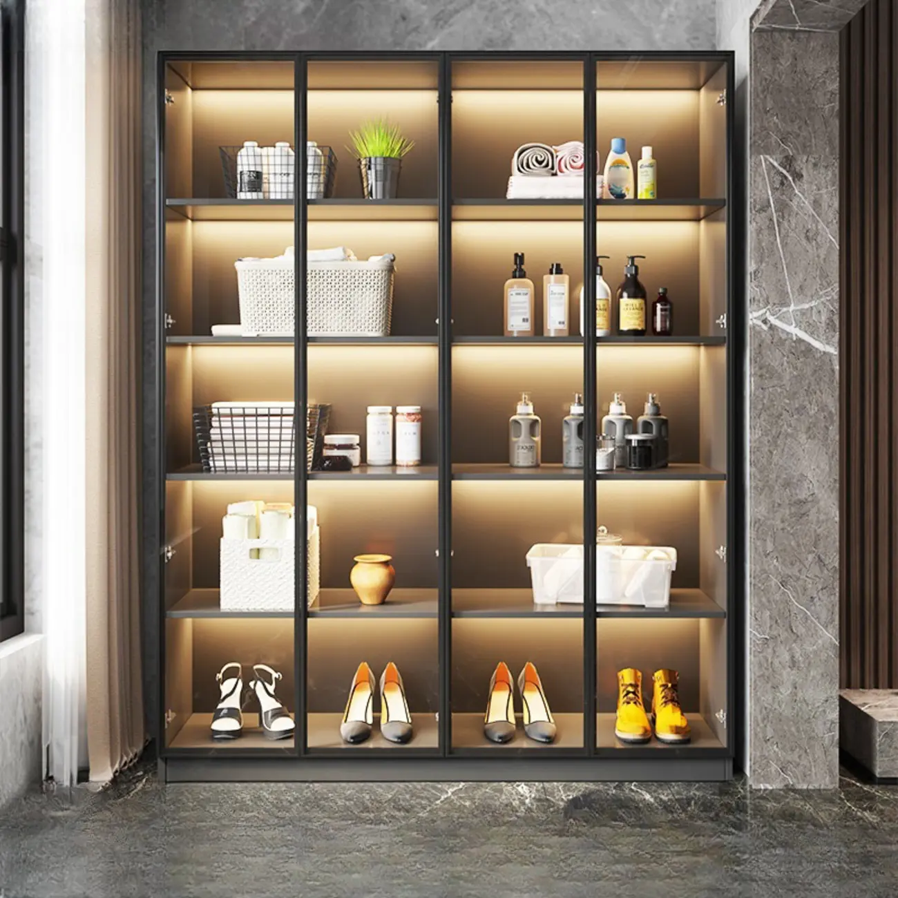 Freestanding Grey Wood Glass Display Cabinet with Light