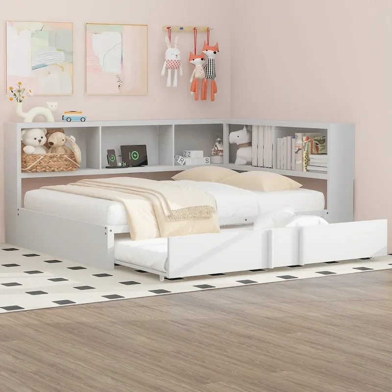 Devali Blue Metal Daybed with Twin Trundle, 5 Storage Cabinets & Charging Station – USB Ports & Outlets
