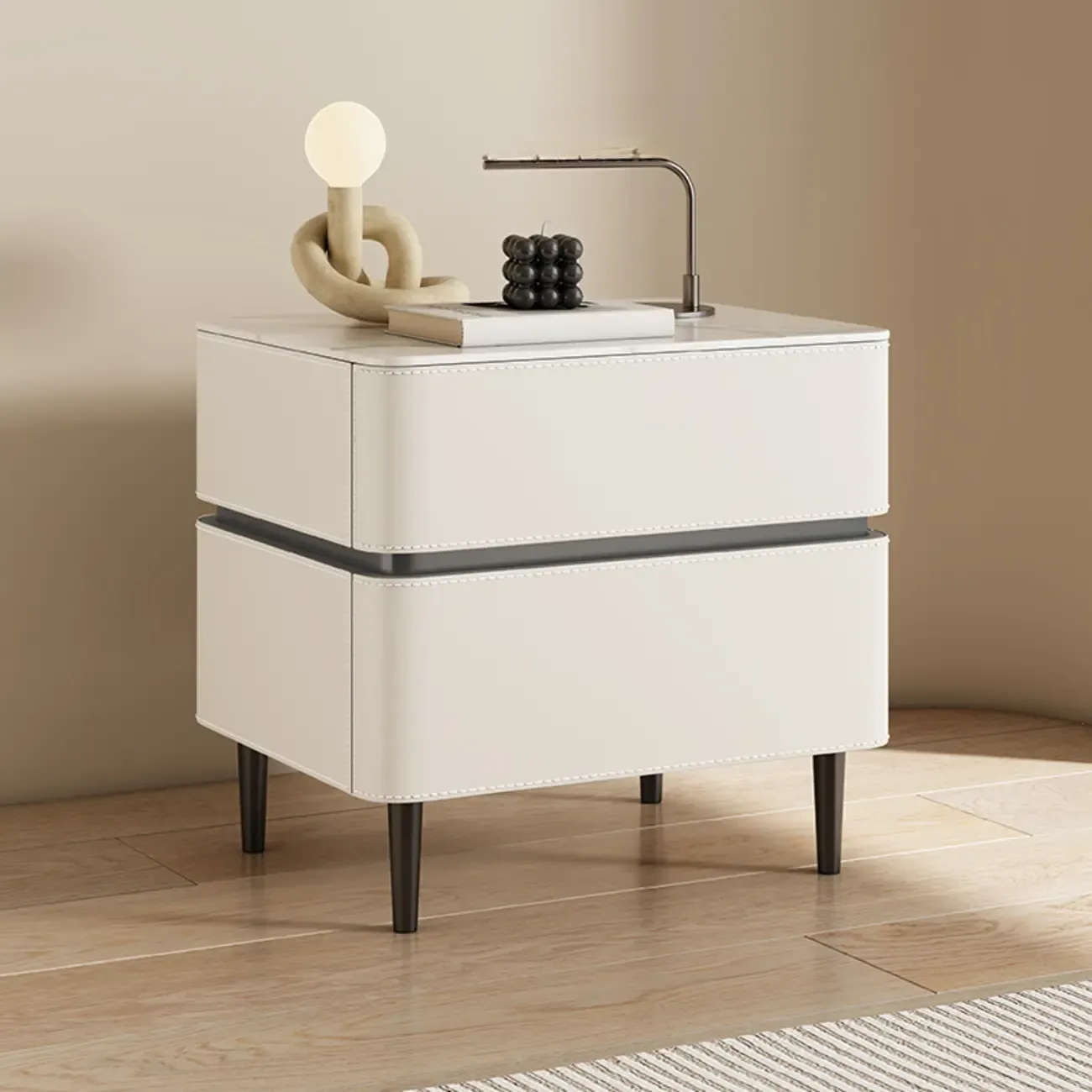 Modern Faux Marble Top Leather Rounded 2-Drawer Nightstand