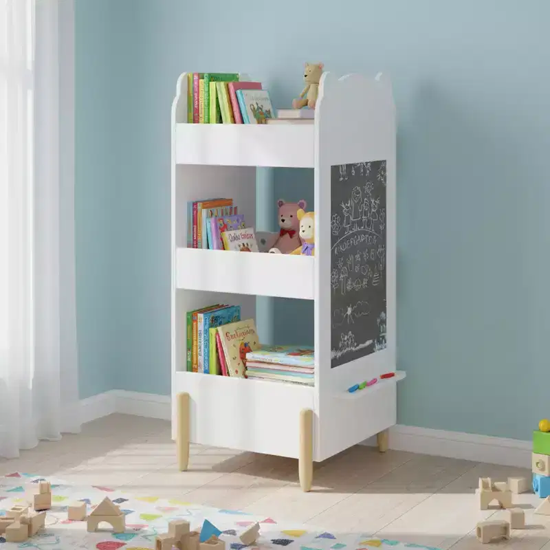 Homy Casa Kids Wooden Bear-Shaped Bookshelf with Chalkboard Side and 3-Tier Open Storage, White