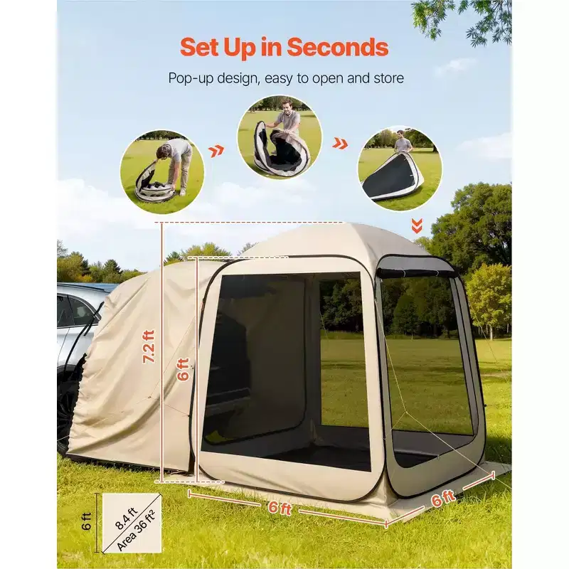 6 x 6 ft Pop Up Screen House Tent for 4-6 People SUV Tailgate Compatible Mesh Protection