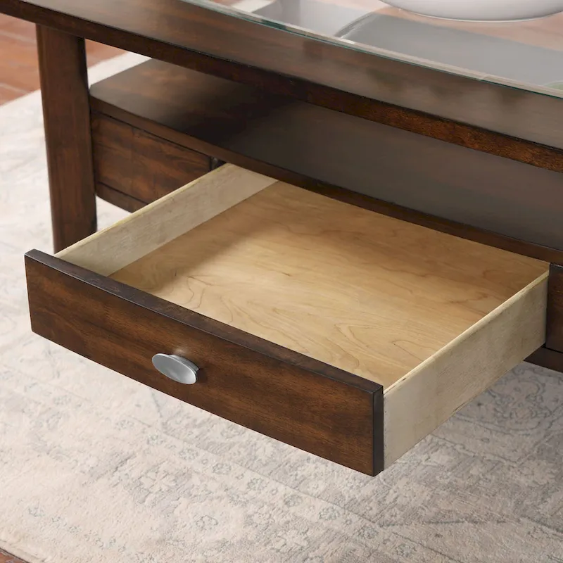Traditional walnut 44-inch single-drawer glass coffee table