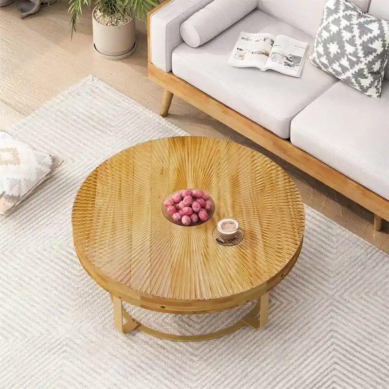 Round Wood Coffee Table with 6-Curved Metal Legs, Modern Style – Black / Gold