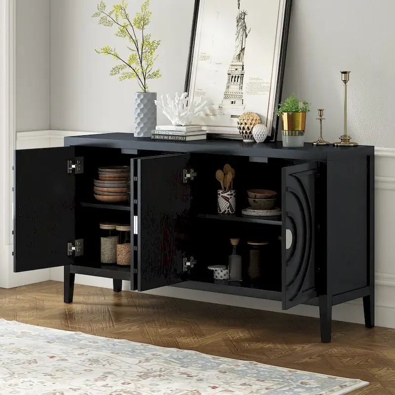 Retro Sideboard with Circular Groove Design Metal Handle