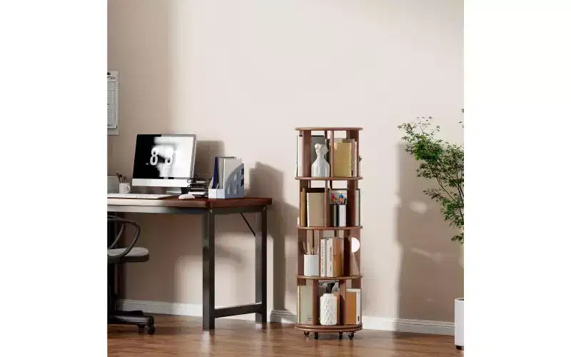 TUYOHW Rotating Bookshelves with Wheels,Round Revolving,Bookshelf Tower,Narrow Tall,Soild Wood Bookcases for Small Space,Office,Walnut