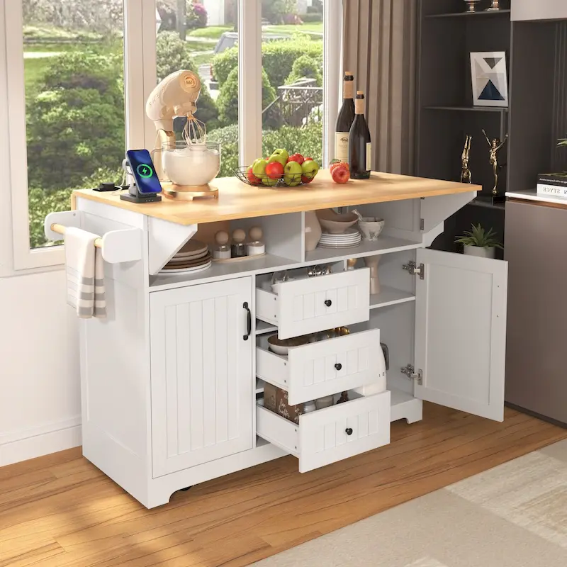 White/Green/Black Drop-Leaf Kitchen Island Cart, Seats 4
