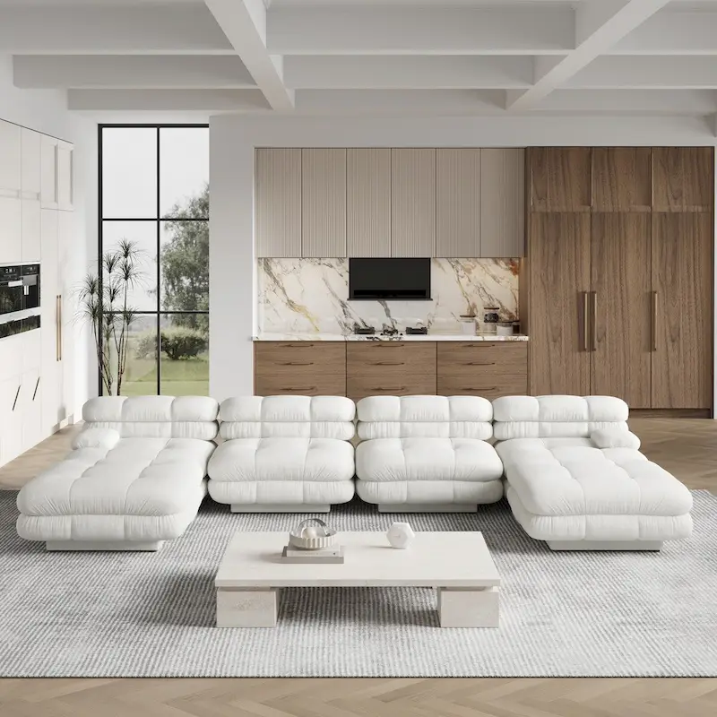Beige/Black/Light Brown Teddy Velvet U-Shaped Modular Sectional Sofa, 6-Seat