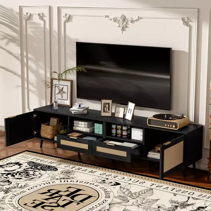 GDFStudio Elora Modern Farmhouse TV Stand with Rattan Design and 2 Drawers