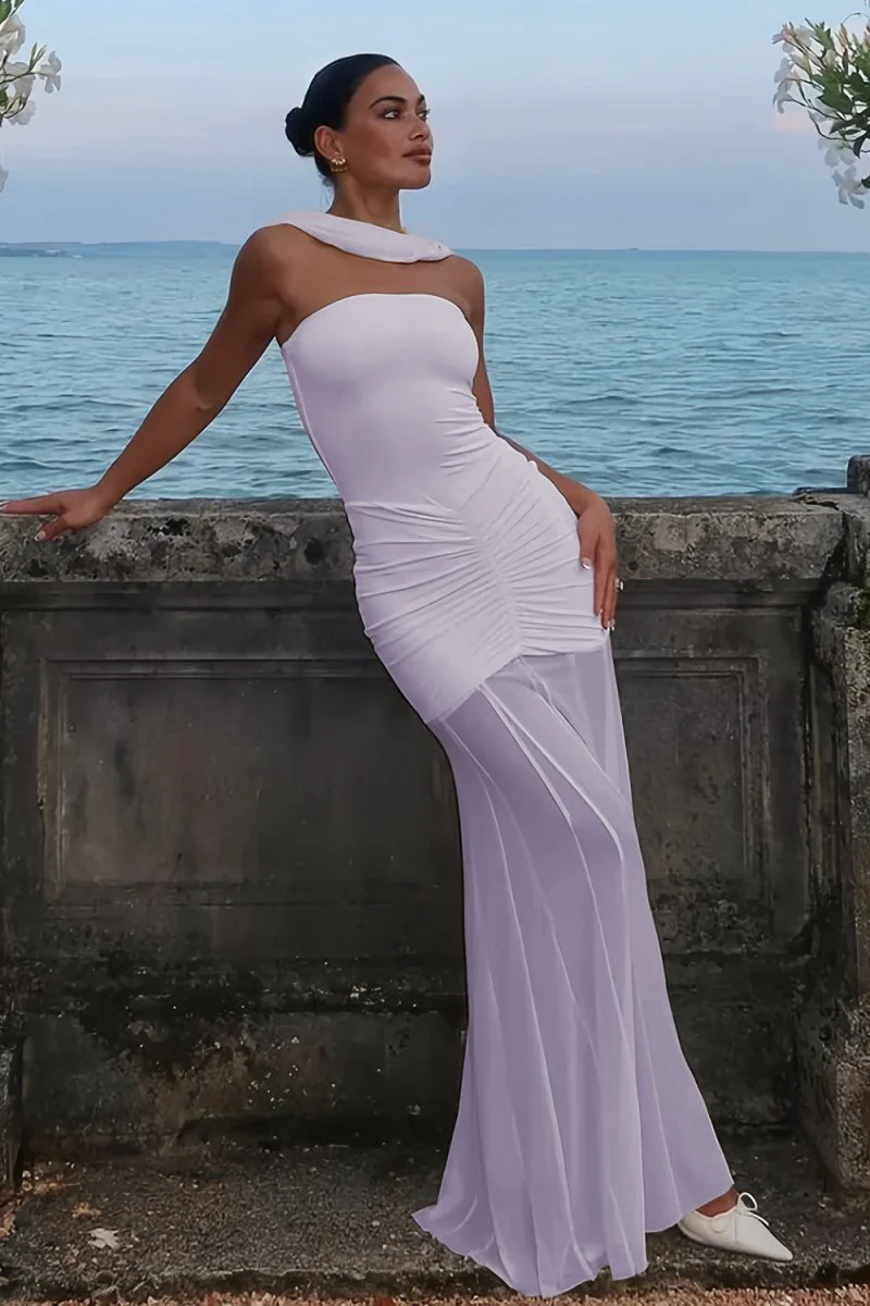 Ivory Mermaid Off The Shoulder Ruched Tulle Long Prom Dresses