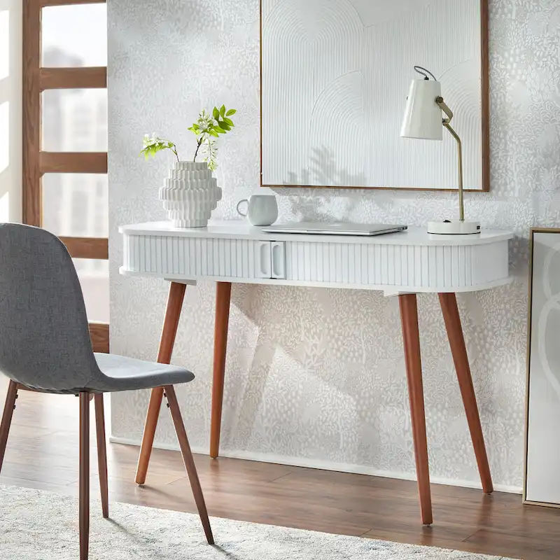 Midnight Blue MDF Mid-Century Modern Desk with Rounded Top, Tapered Legs and Sliding Hidden Storage – 1-Person