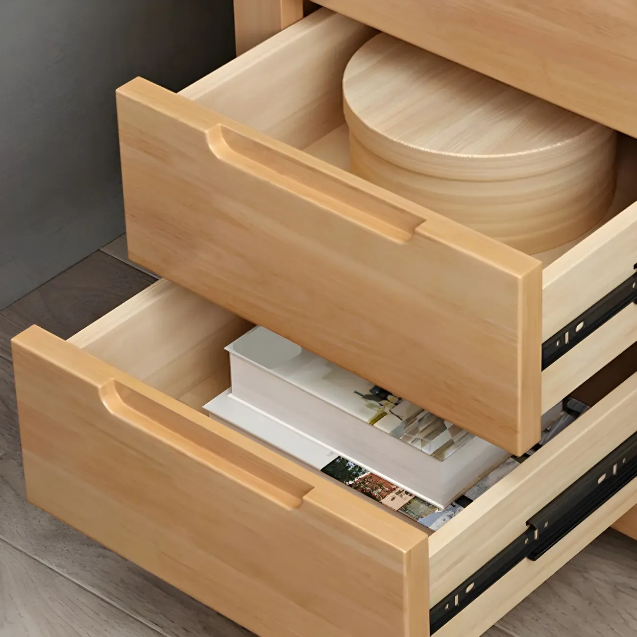 Narrow Rubberwood Lift-Top Bed Side Table with Drawers