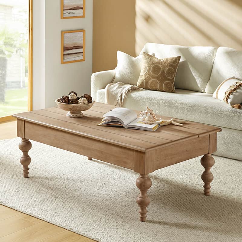 Lift-Top Coffee Table with Hidden Storage, 1 Drawer & Spindle Solid Rubberwood Legs | Acorn / Natural | Single