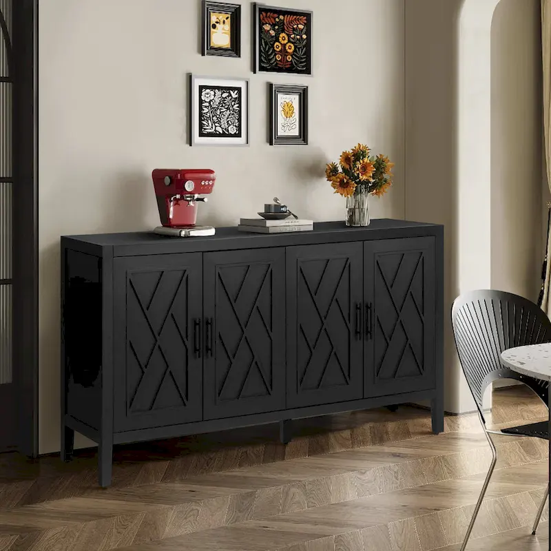 Antique Black / Brown 4-Door Wood Sideboard with Patterned Doors and Adjustable Shelf