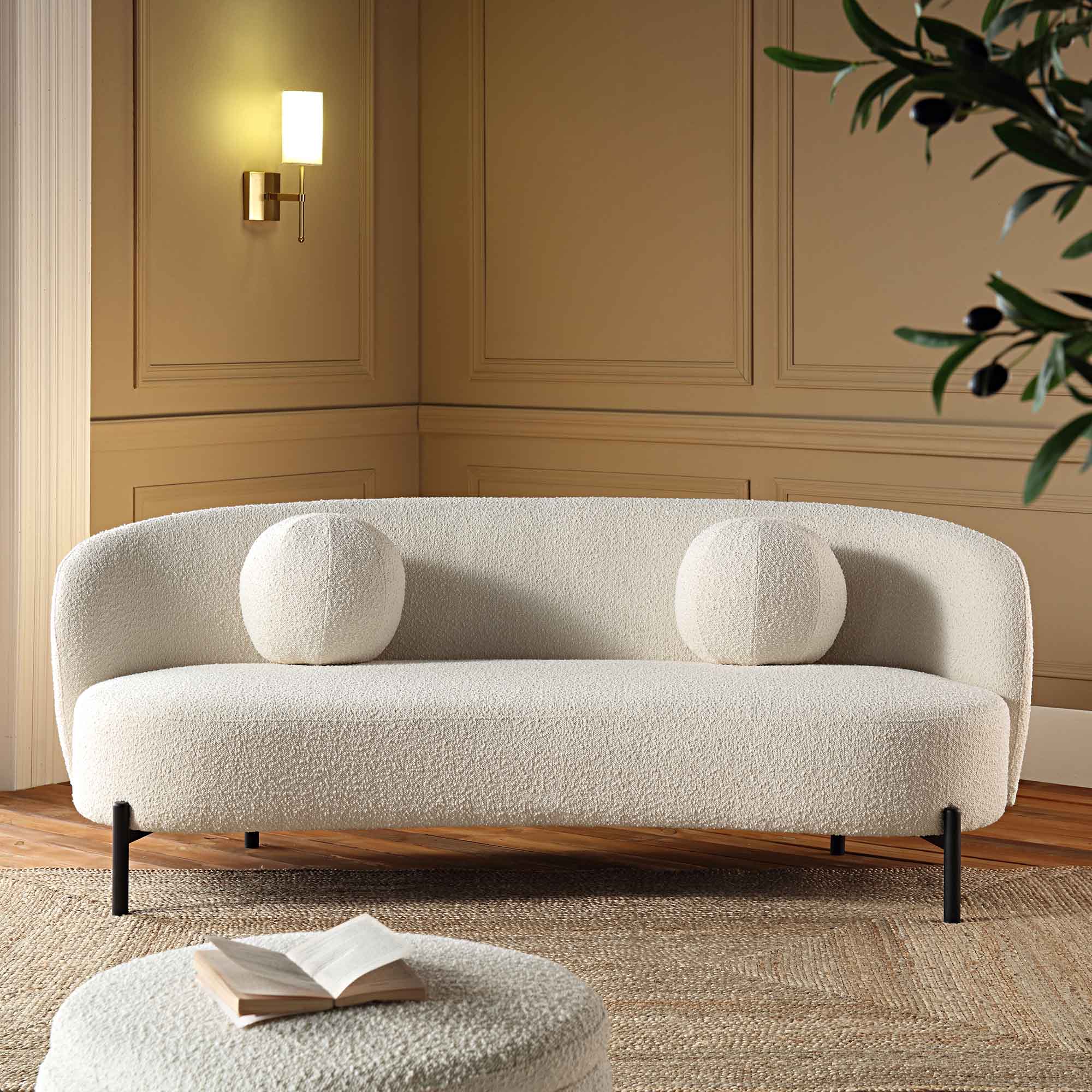 3-Seater Curved Sofa with Ball Cushions, Ecru Boucle