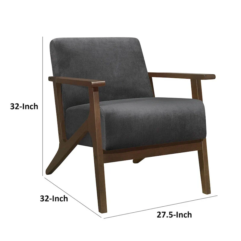 32 Inch Accent Armchair, Dark Gray Velvet, Walnut Brown Solid Wood