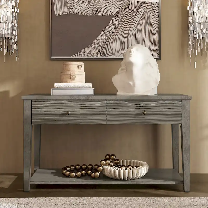 Vintage Gray Finish Gray Fiber Cement Sofa Table With Shelves