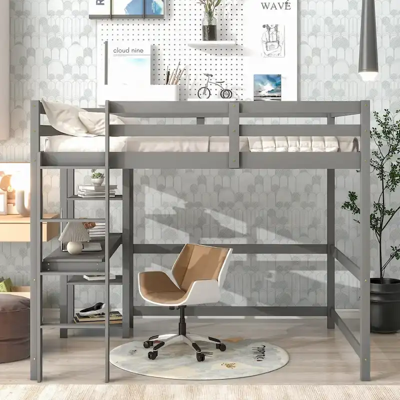 Full Loft Bed with Desk & Shelves, Espresso/White/Grey, Sleeps 1
