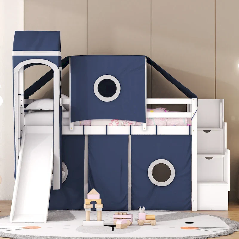 Twin Pine Loft Bed with Staircase, Slide, Tent, Tower, and Guardrail