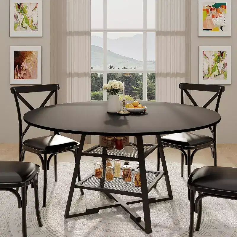Acekool 47 Inch Round Dining Table with Storage Shelf, Metal Base Kitchen Table for 4-6