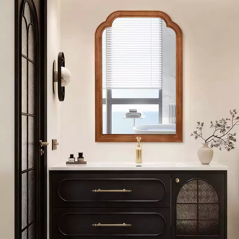 MAYEERTY 24 x 36 Solid Wood Frame Rounded Corner Decorative Mirror for Bedroom Bathroom Living Room Yellowish Brown