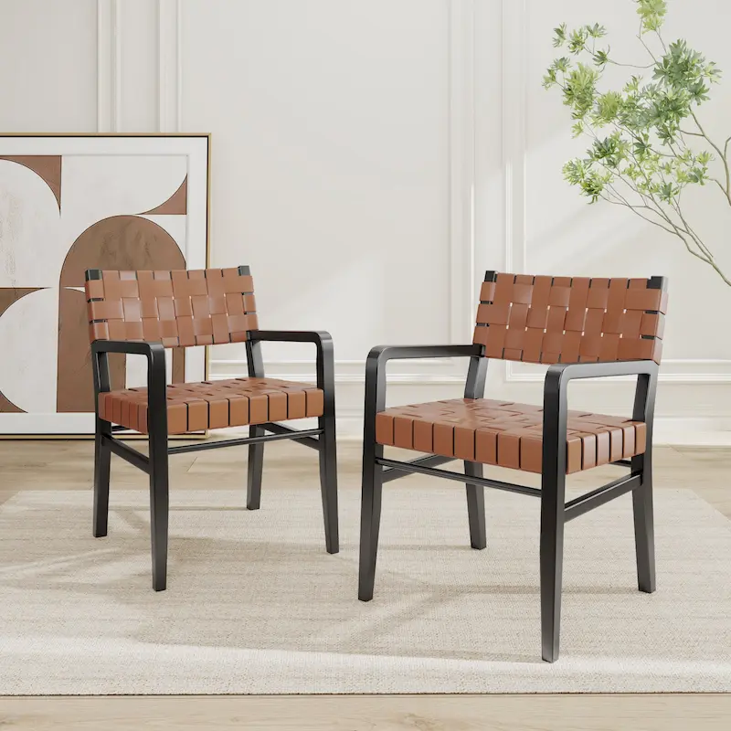Morden Woven Leather Rubberwood Dining Chairs With Arms (Set of 2)