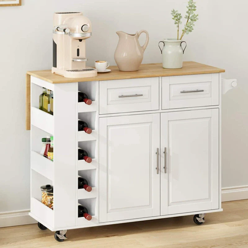Foldable Kitchen Island Cart with Spice Rack, Towel Holder & Wine Rack