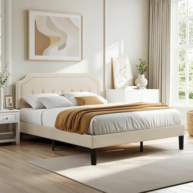 Javlergo Modern Upholstered Bed Frame with Height Adjustable Headboard, No Box Spring Needed