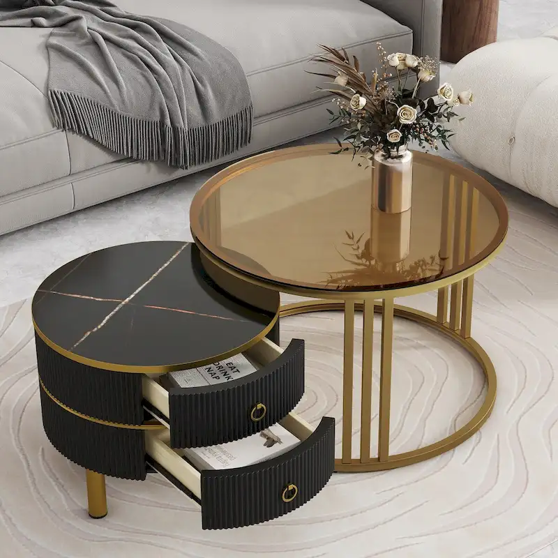 Black / White Round Nesting Coffee Table Set of 2, Tempered Glass & Marble-Top with Drawers