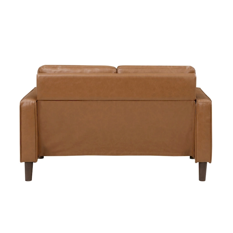 Stark 54 Inch Loveseat, Brown Faux Leather, Track Style Arms, Solid Wood