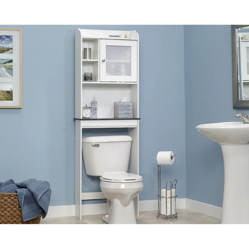 Grey/Soft White Wood Over-Toilet Etagere with 1 Door, Cubbyhole & Adjustable Shelves