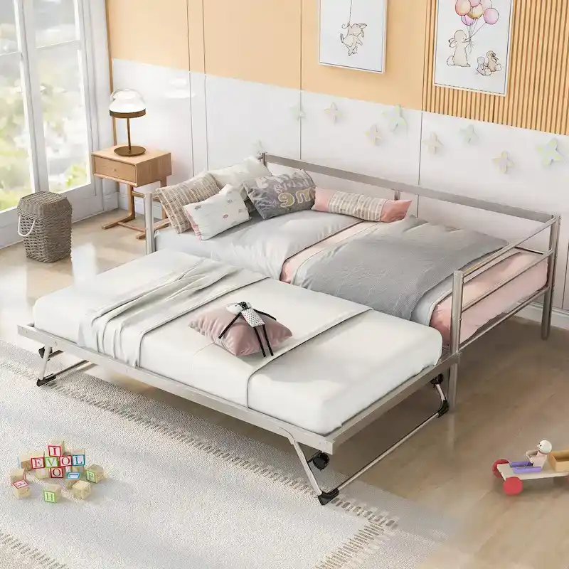 Metal Daybed with Adjustable Trundle, Pop Up Trundle