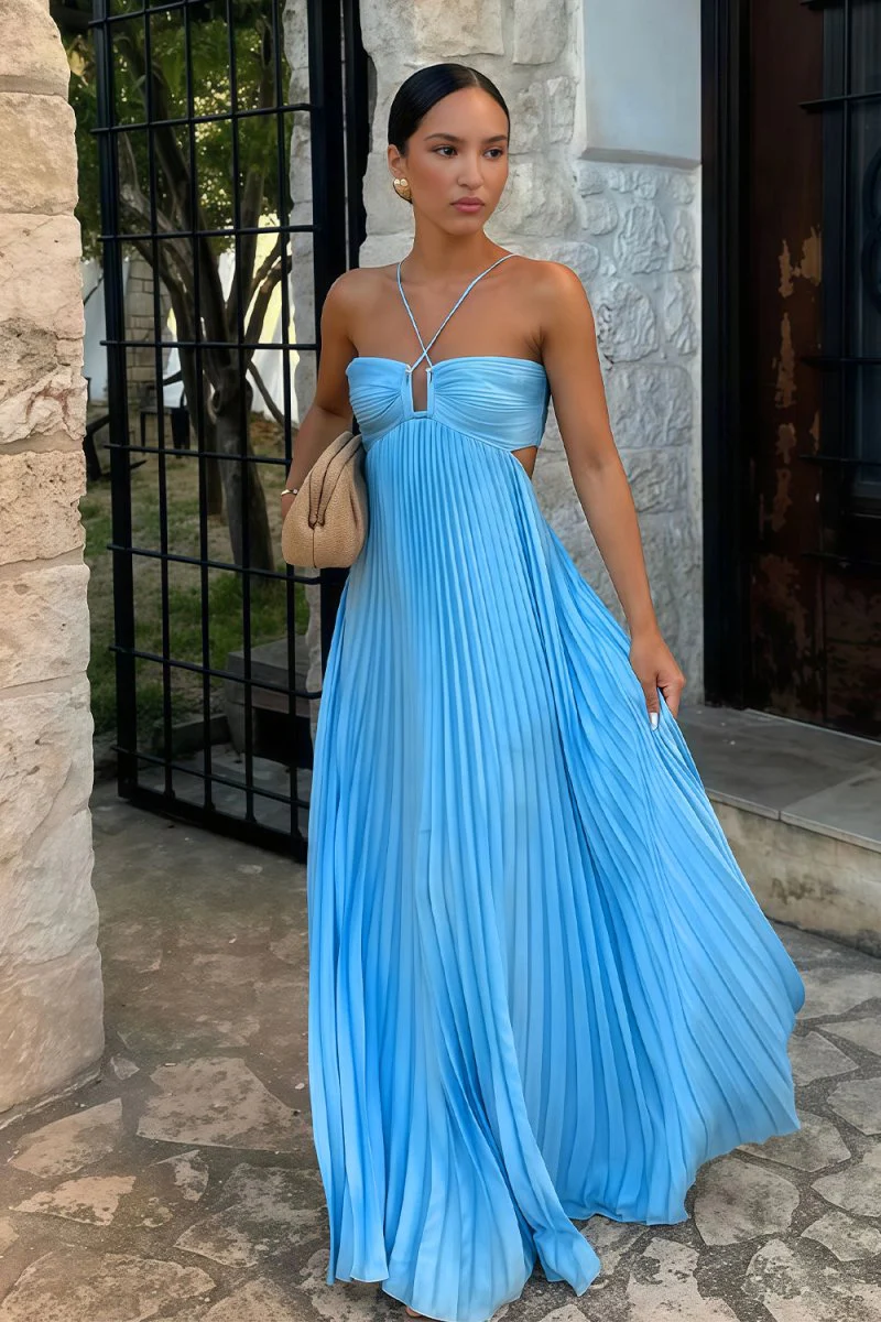 Sky Blue Halter Pleated Satin A Line Prom Dresses With Cutout