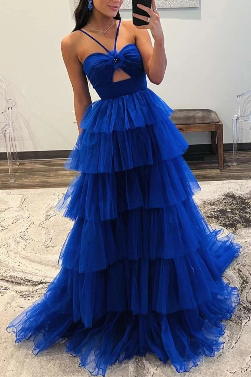 Blue Print Halter Keyhole Ruffle Tiered Long Prom Dress