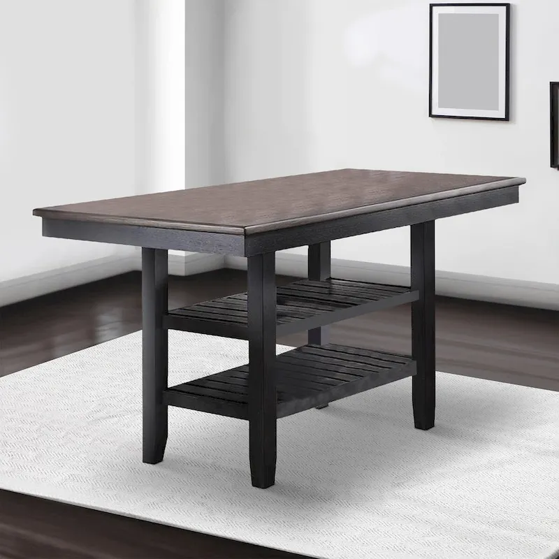 Counter Height Dining Table with 2 Open Shelves – Dark Brown, Rubberwood & MDF, Chamfered Legs
