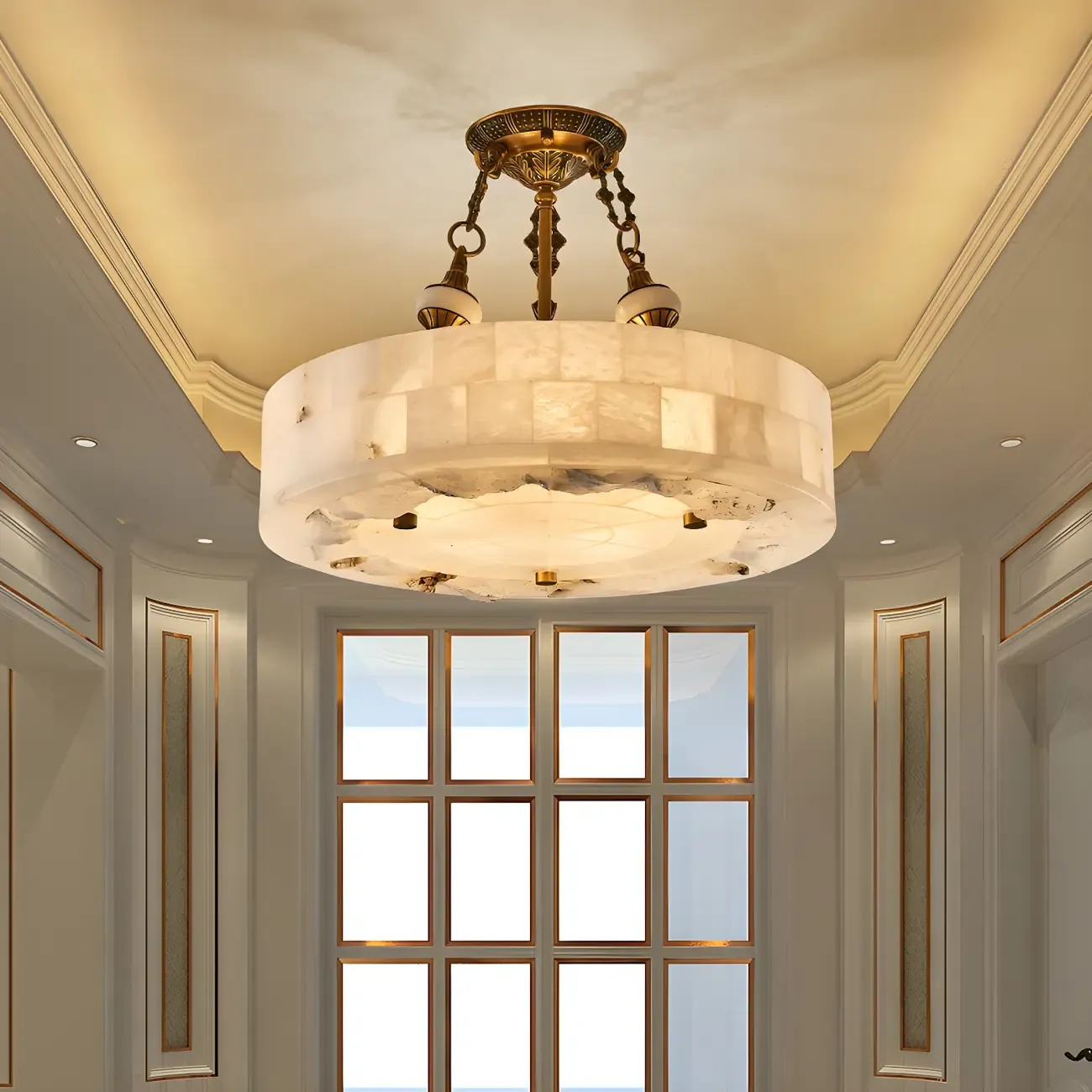 Luxurious Gold Alabaster Cylindrical Chandelier
